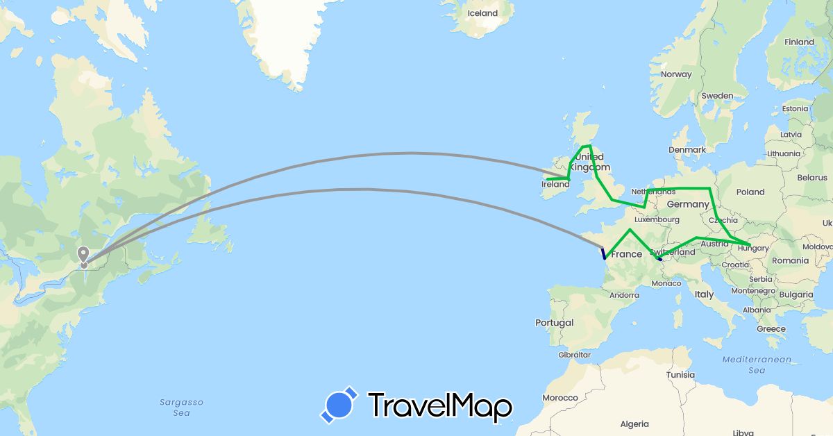 TravelMap itinerary: driving, bus, plane in Austria, Belgium, Canada, Switzerland, Czech Republic, Germany, France, United Kingdom, Hungary, Ireland, Netherlands (Europe, North America)
